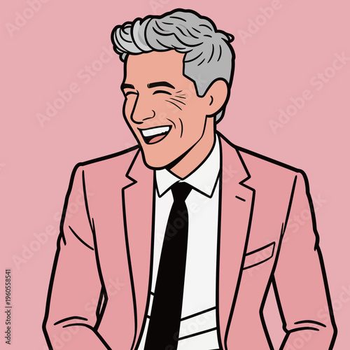 Man smiles while wearing a pink suit and black tie against a pink background in digital art style