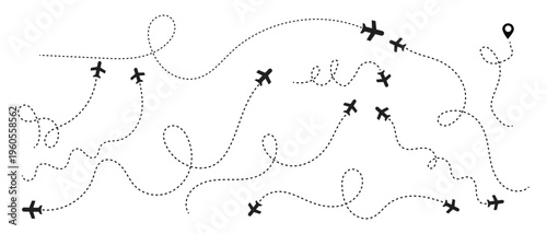 Airplane route icons with dotted flight paths. Airplane line path icon set. Airplane routes vector set. Plane flight path vector set. 