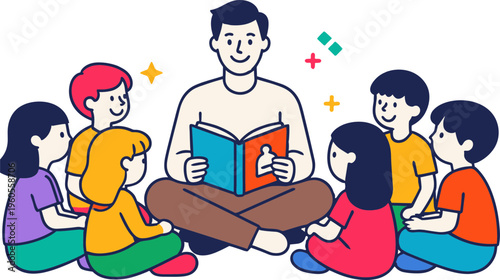 Kids Reading Together Illustration