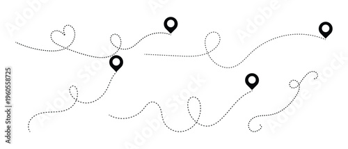 Simple route map icon with location pin. Route dash line with location pin. Hand drawn curve dotted line vector set.