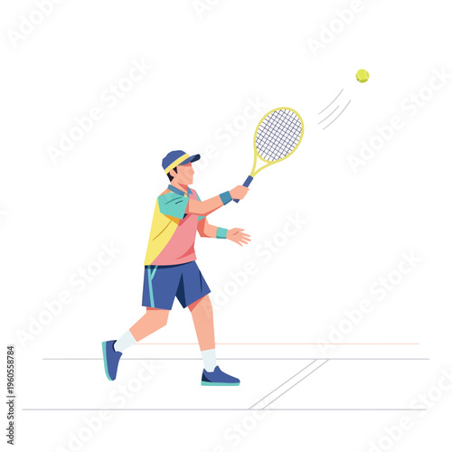 Tennis Player Swinging Racket at Ball on Court, Sports Action Illustration
