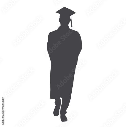 Full length shot of graduate student in black cap and gown walking forward silhouette