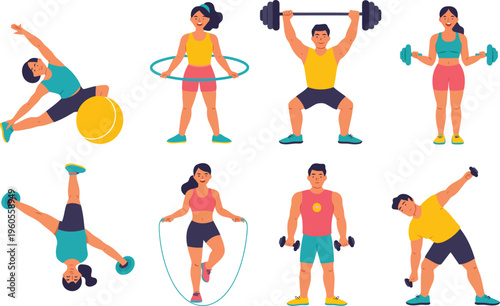 Illustrated collection of individuals demonstrating different active exercises for healthy living and wellness
