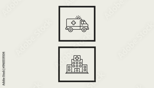 Ambulance and Hospital Icons: Emergency Medical Services and Healthcare Concept