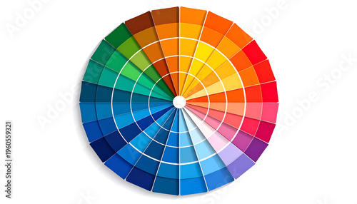 Color wheel spectrum guide with vibrant hues and shades design element isolated.