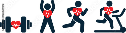 Illustrative icons feature a dumbbell, an exercising person, a runner, and a treadmill, for heart health