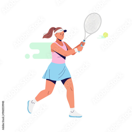 Woman playing tennis, hitting forehand shot, dynamic action, flat illustration style.