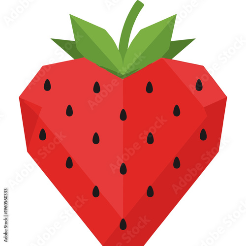 A vibrant illustration of a large red strawberry with green leaves