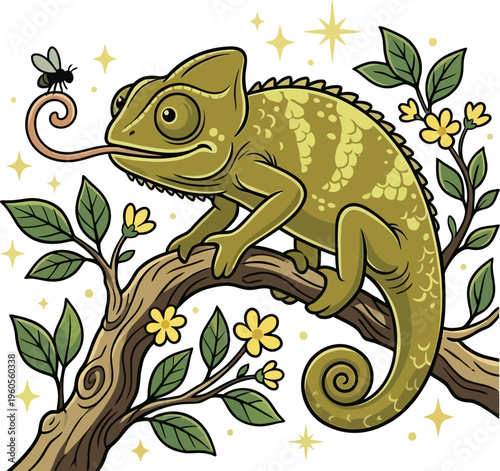 Green chameleon catching fly on tree branch in whimsical colorful illustration