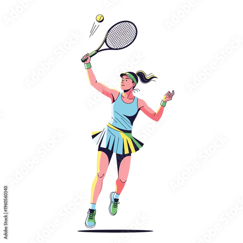 Woman tennis player serving ball during match, dynamic action illustration