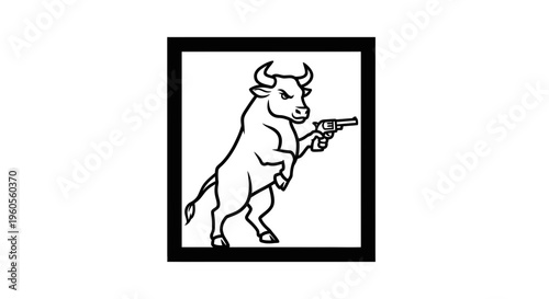 Aggressive Bull Holding a Gun, Cartoon Style