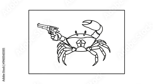 Aggressive Crab Holding a Revolver Gun, Cartoon Style