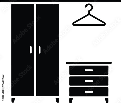 Modern black icon displaying a double door closet, a dresser with three drawers, and a hanging clothes rack