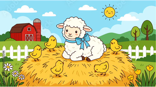 Happy Easter 2026, cute pixel art illustration of a fluffy sheep sitting on hay surrounded by yellow chicks in a sunny farm landscape. Background features a red barn, white fence, green trees, flowers