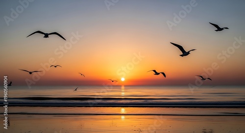 Seagulls flying over serene beach sunset.