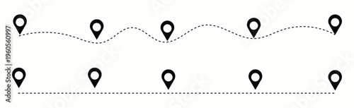 Dot line path route travel vector with location map. Location  connected by a dashed line across the graphic white background. 