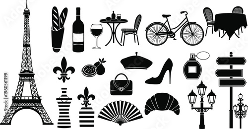 Parisian Lifestyle Icon Set Featuring Eiffel Tower, Wine, Fashion Accessories, and Street Elements for French-Inspired Designs