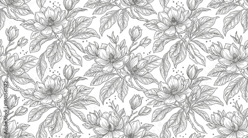 Hand-drawn floral pattern featuring magnolia flowers on a light background for design use
