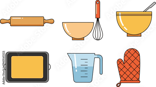 Baking Tools and Kitchen Utensils Icon Set Featuring Rolling Pin, Mixing Bowl, Whisk, Measuring Cup, Oven Tray and Oven Mitt Isolated on White Background