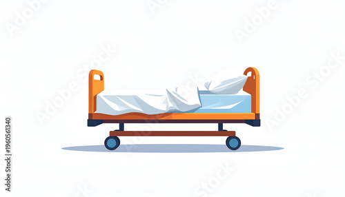 Illustration of an orange hospital bed with blue mattress and white sheets; cartoon style