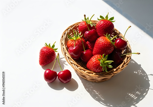 A small basket filled with strawberries and cherries on a white surface