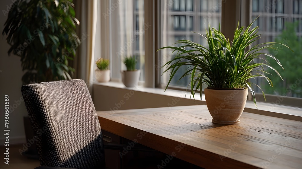 Fototapeta premium A potted green plant sits on a wooden desk next to a window with a blurred urban city view bathed in soft sunlight