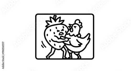 Playful cartoon interaction between a distressed strawberry and an assertive chicken in black and