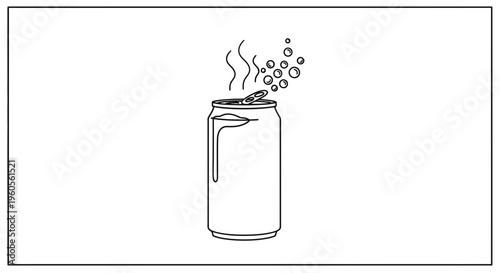 Refreshing opened beverage can with lively fizz and condensation line art illustration vector