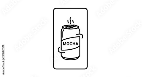 Minimalist line art icon of a steaming canned mocha beverage offering a comforting coffee experience