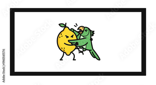 A vibrant cartoon illustration depicting an animated lemon and a green parrot in a humorous,