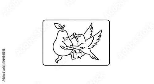 Humorous line art illustration depicting an angry pear and a feisty bird engaged in a cartoonish