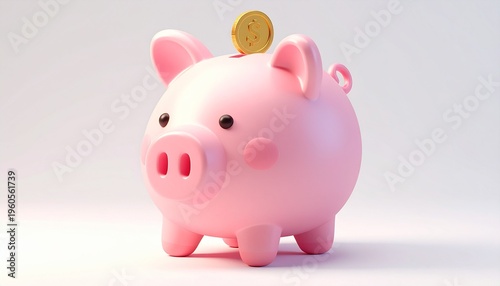 Cute 3D Piggy Bank Icon with Coin in Pastel Style Isolated on White Background