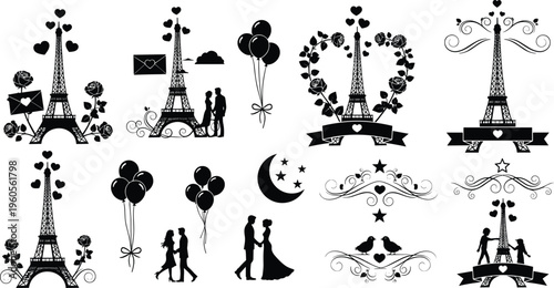 Romantic Parisian Eiffel Tower Illustration Set with Balloons, Couples, and Love Themes for Wedding and Valentine's Day Designs
