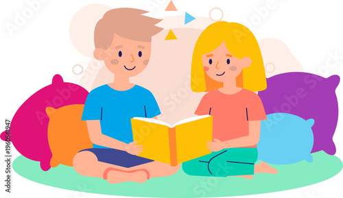 Kids Reading Together Illustration
