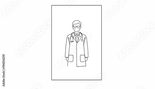 Simple continuous line art drawing of a medical professional wearing a lab coat, stethoscope, and