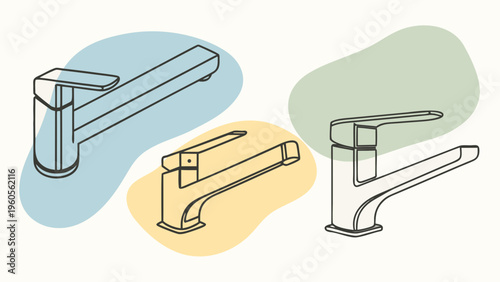 A set of flat vector illustrations of kitchen faucets. Vector icons of water taps for interior design and plumbing. Isolated on a white background