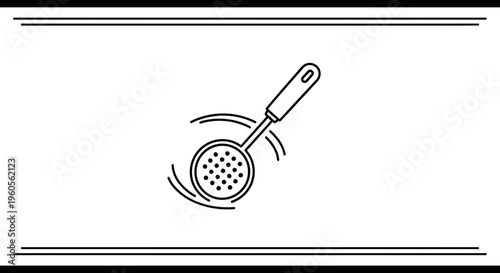 Essential kitchen utensil: modern minimalist line art illustration of a perforated skimmer for