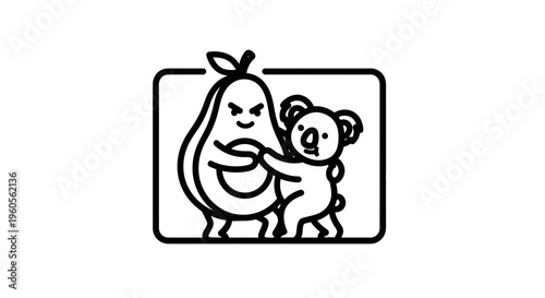Whimsical avocado and koala bear engaging in a friendly tussle within a simple black outline frame