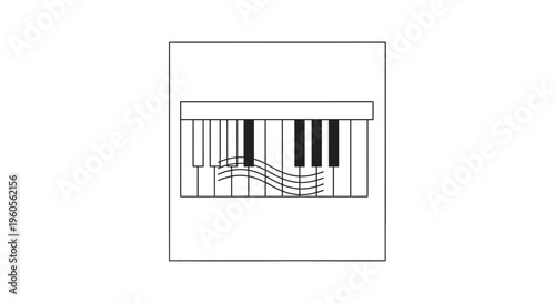 Minimalist black and white outline of a piano keyboard with flowing musical notes design a simple