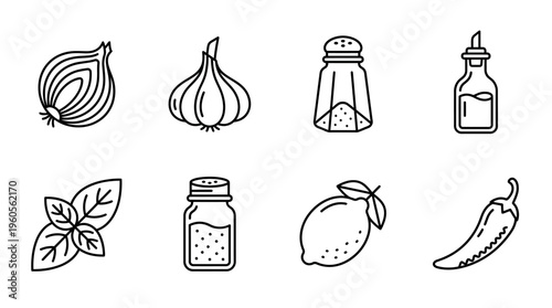 Cooking icons set: onion, garlic, salt, oil, basil, pepper, lemon, chili