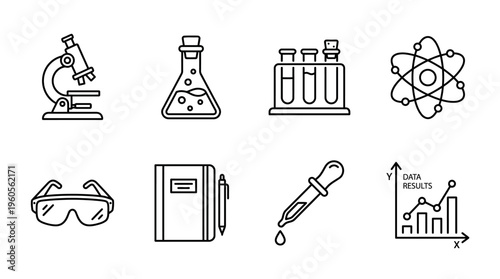 Science lab icons set: microscope, flask, test tubes, atom, goggles, notebook, dropper, graph