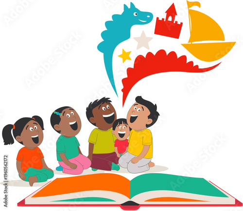 Kids Reading Together Illustration