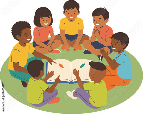 Kids Reading Together Illustration