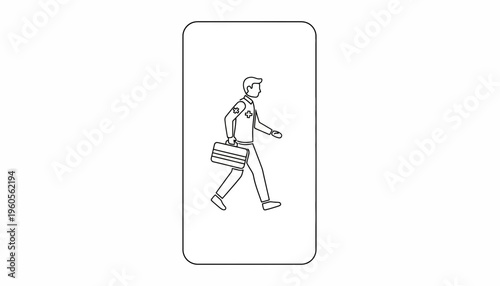 Stylized line art illustration of a dedicated aid worker or medical professional moving with