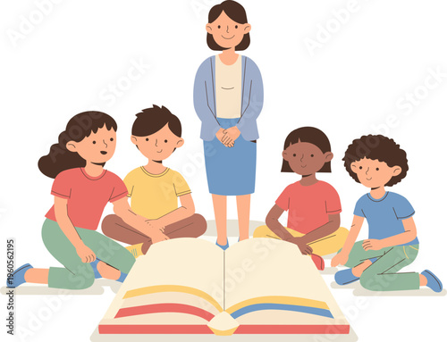 Kids Reading Together Illustration