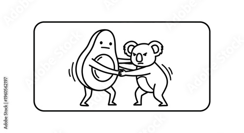 Whimsical black and white illustration of a determined koala clashing with a puzzled avocado in a