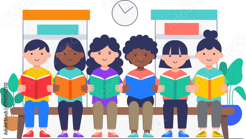 Kids Reading Together Illustration