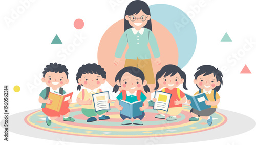 Kids Reading Together Illustration