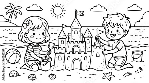 Children Building Sandcastle on Beach.