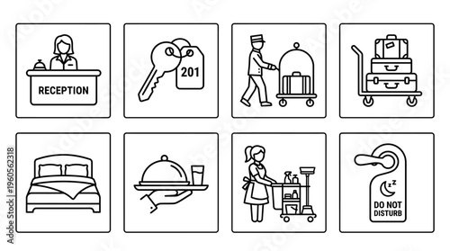 Hotel service icons: reception, key, bellhop, cart, bed, tray, cleaning, do not disturb.